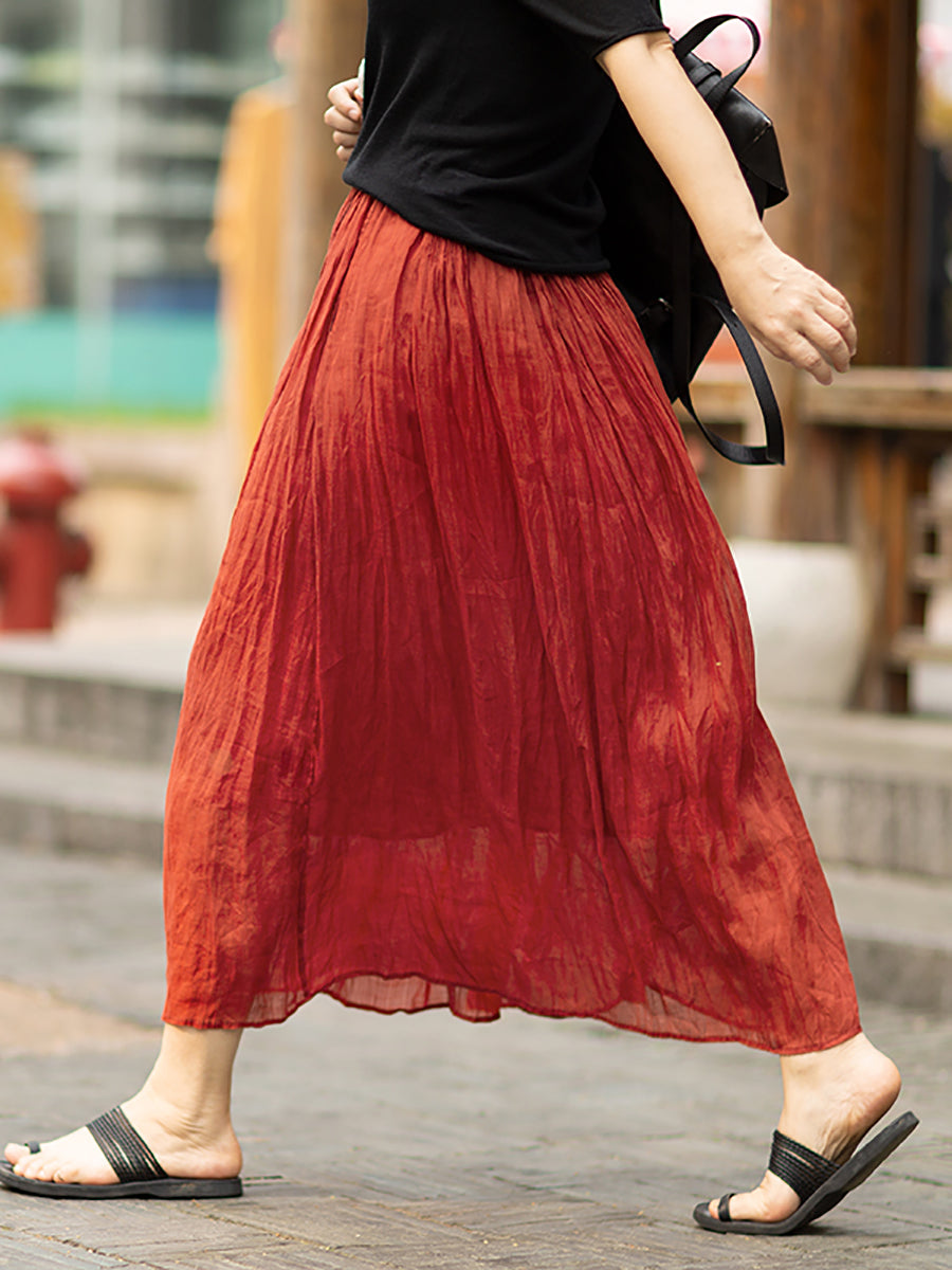 Women Summer Pleat Thin Dual-layer Red Ramie Skirt