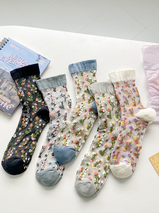 5 Pairs Women Artsy Spring Floral Jacquard Socks