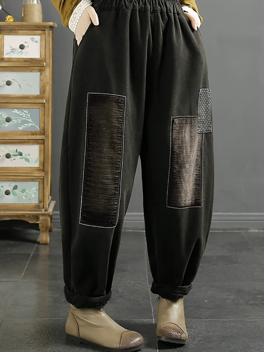 Pantalon en denim doublé de polaire épissé avec patch vintage pour femme