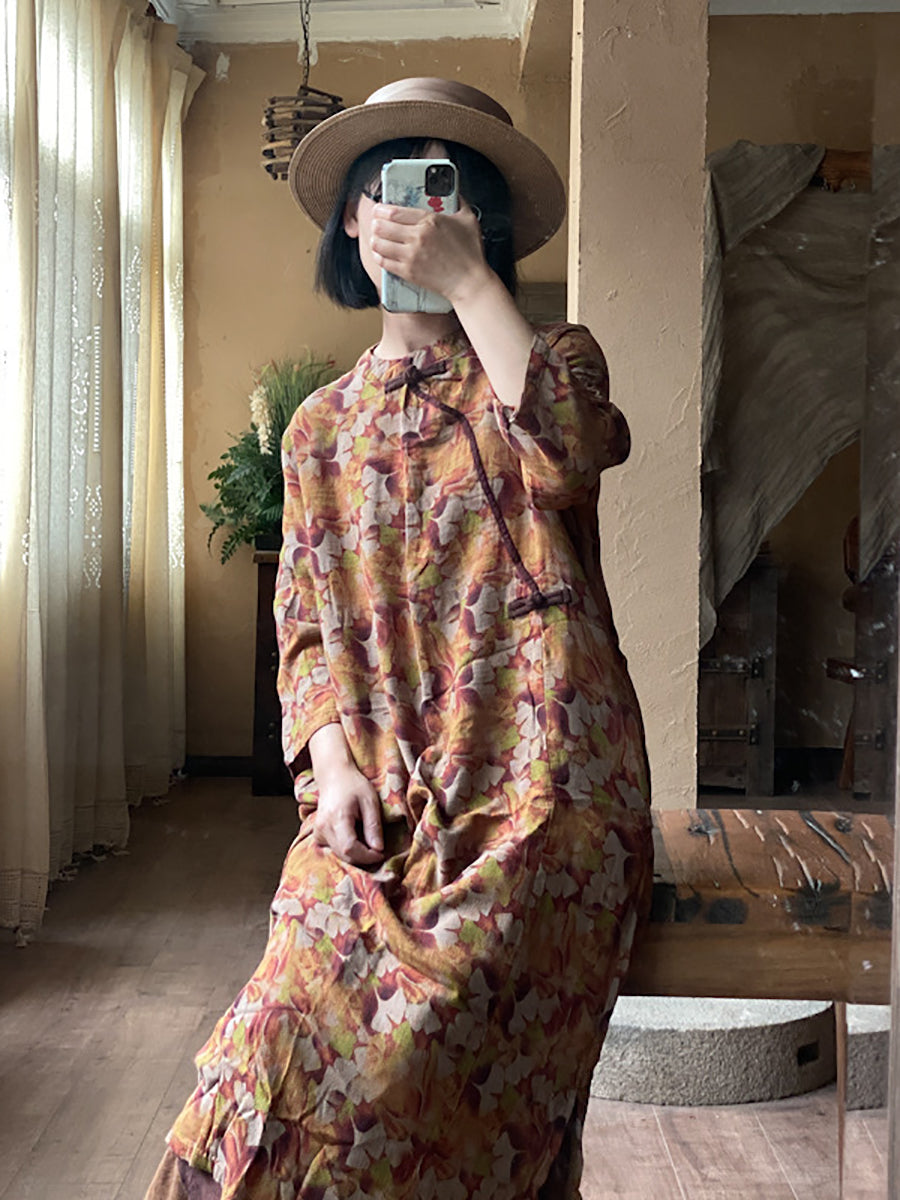 Women Vintage Floral Print Buckle Loose Cotton Robe Dress