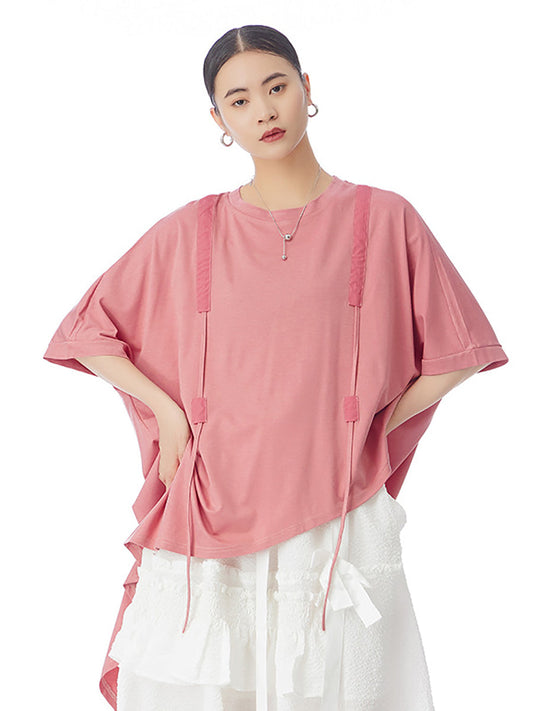 Women Casual Solid Drawstring Spliced Irregular Hem Shirt