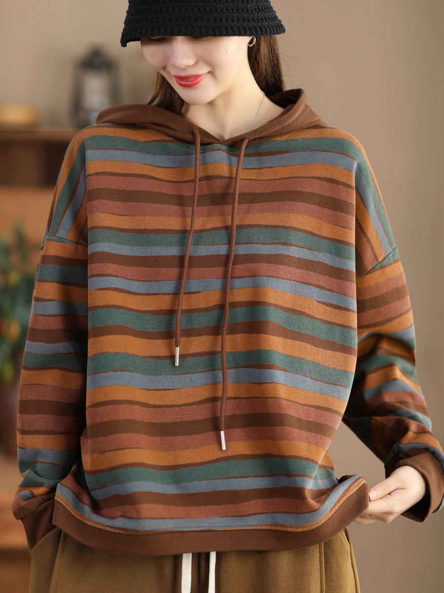 Women Casual Stripe Spring Hooded Sweatshirt