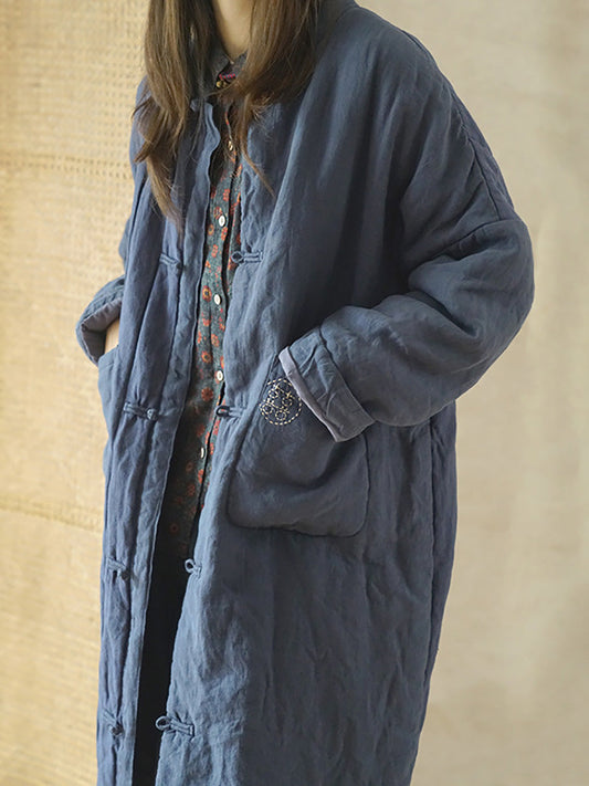 Women Vintage Solid Winter Linen Padded Coat