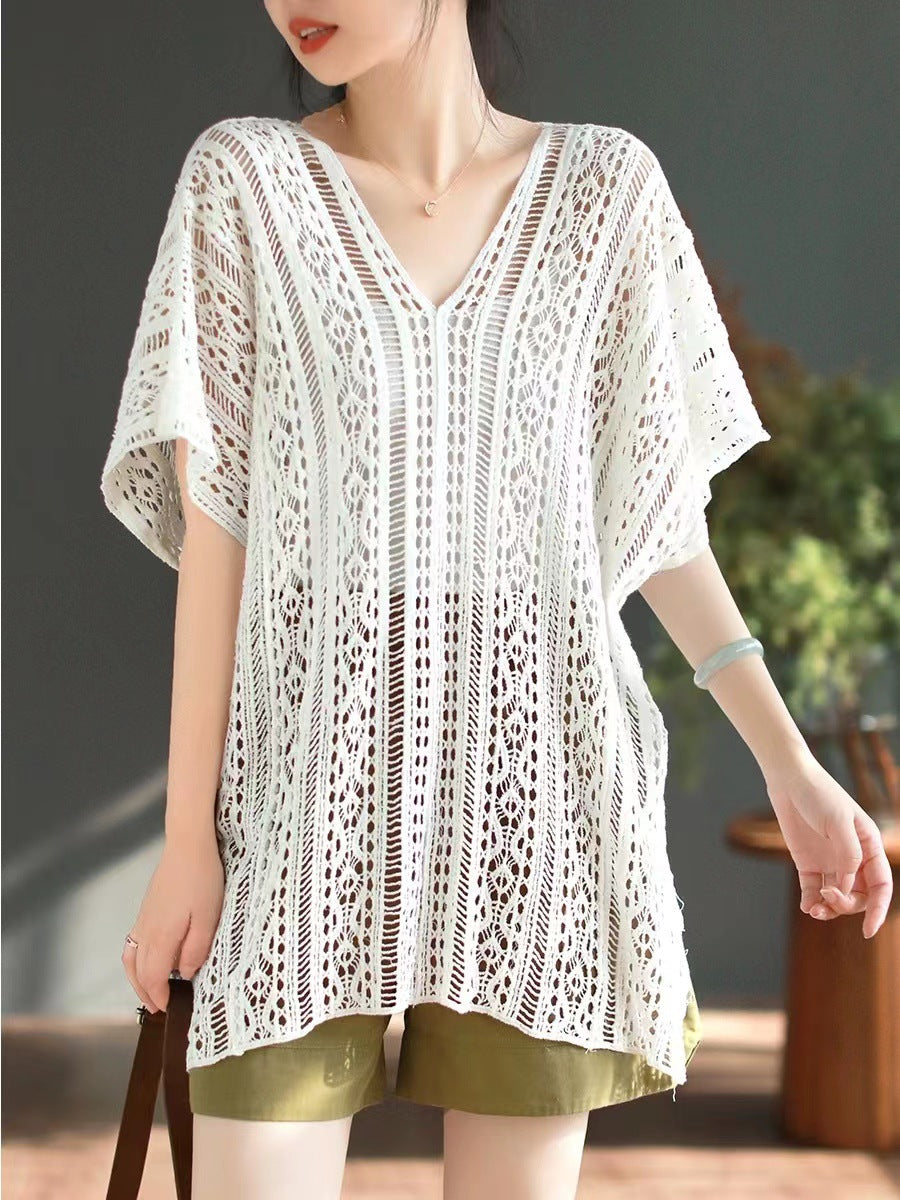 Women Summer Sumproof Hollow Out Solid Knitted Shirt