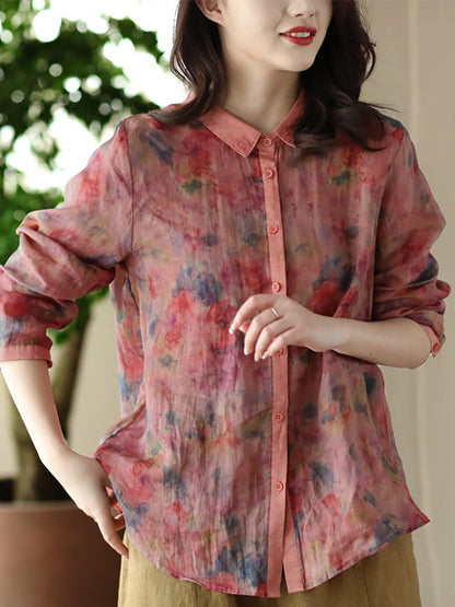Women Vintage Spring Floral Button Ramie Shirt