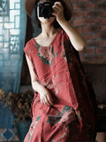 Women Summer Vintage Flower Drawstring Vest Cotton Dress