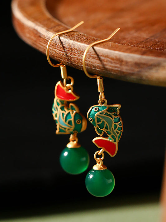 Boucles d'oreilles ethniques en cuivre et poisson cloisonné en Agate verte pour femmes