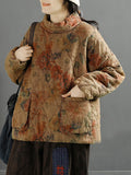 Women Vintage Flower Rhomboid Stitching Padded Coat