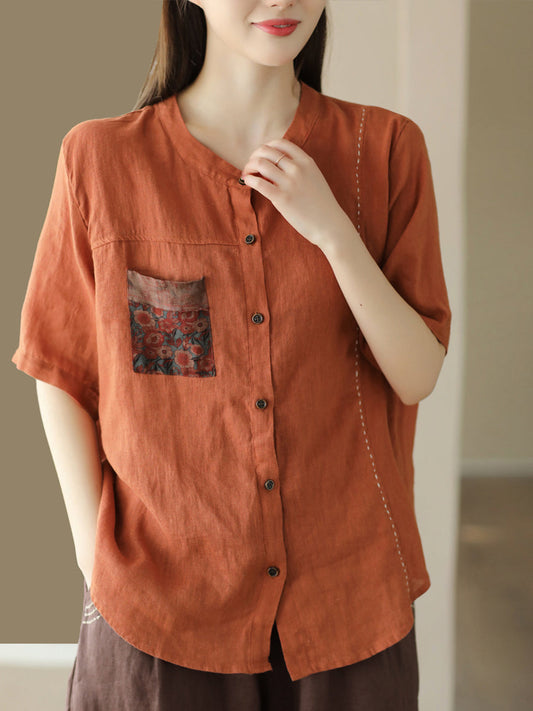 Chemise d'été en lin avec poches plaquées et coutures vintage pour femmes