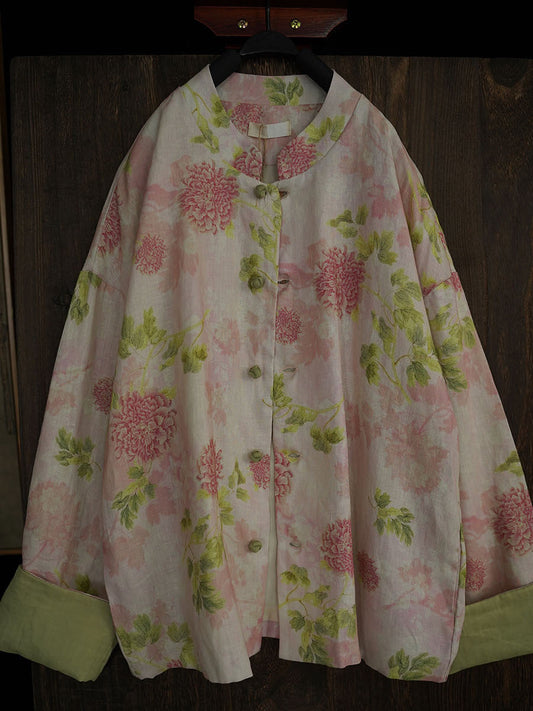 Women Vintage Spring Flower Linen Shirt Coat