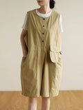 Women Summer Solid Retro Pocket Button Vest Short Jumpsuits