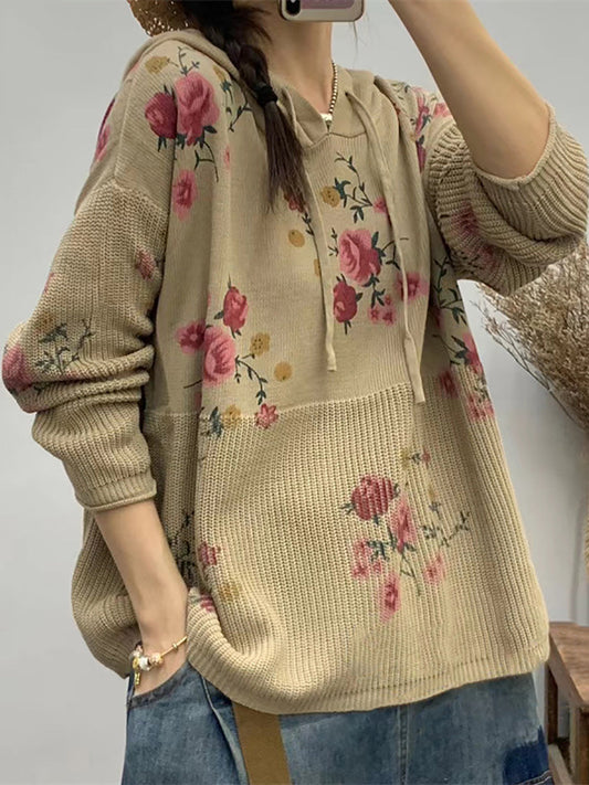 Pull à capuche d'hiver tricoté à fleurs artistiques pour femmes