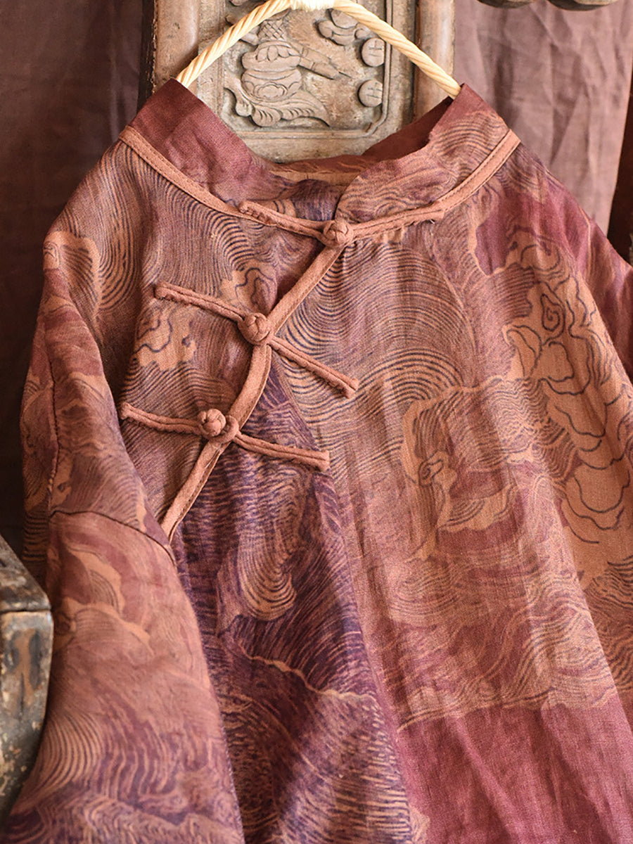 Robe d'été en lin à boutons imprimés Vintage pour femmes