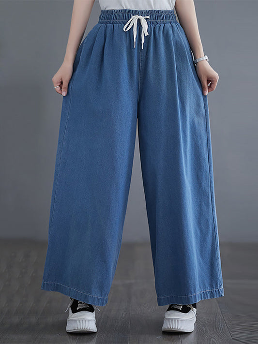 Pantalon en jean à jambes larges pour femmes, fin, solide, cordon de serrage, été