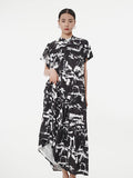 Women Summer Vintage Button Ink-print Pleat Loose Dress