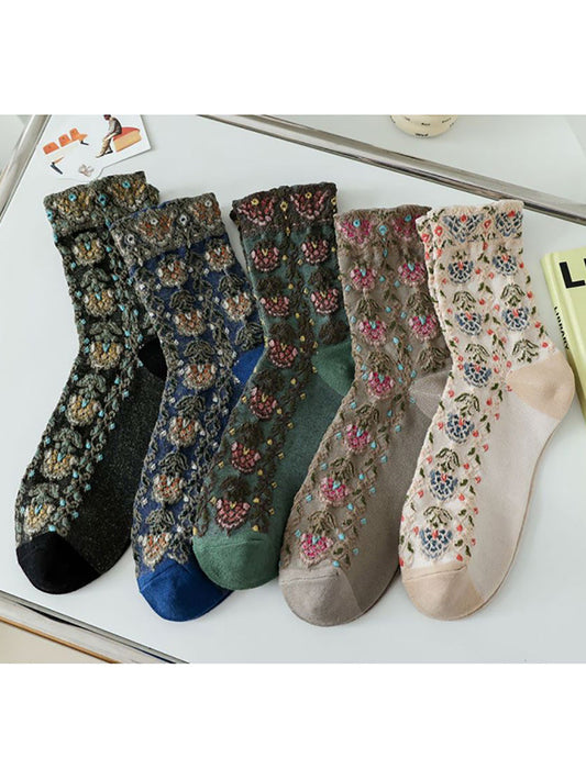 5 paires de chaussettes jacquard florales vintage artistiques pour femmes