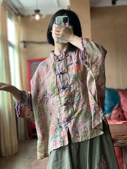 Women Summer Vintage Floral Button Loose Linen Shirt