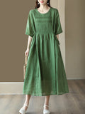 Women Artsy Draped Drawstring Solid 100%Ramie Dress