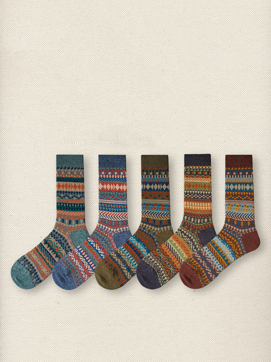 5 paires de chaussettes longues en coton pour couple, vintage, hiver