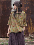 Women Summer Retro Floral Pocket Stitching Hemming Shirt