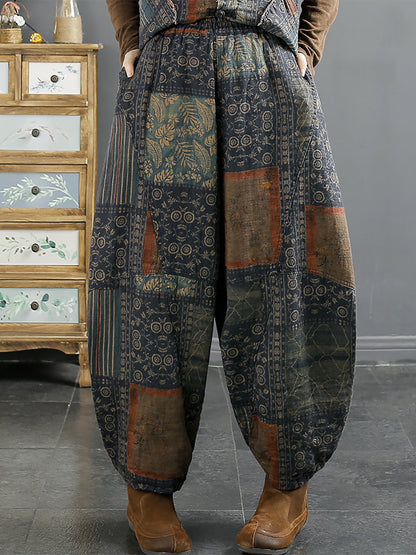 Women Vintage Patch Spliced Thicken Harem Pants