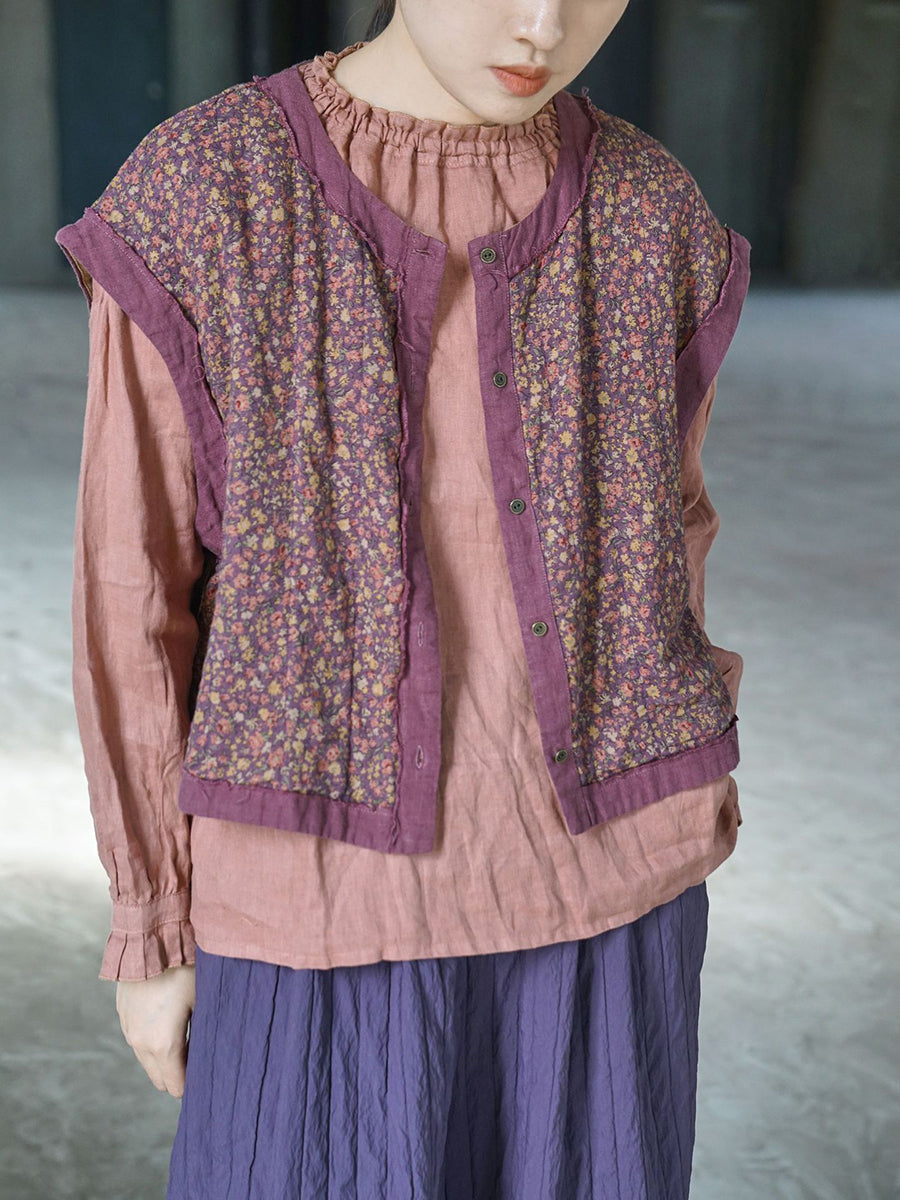 Women Vintage Floral Spliced Spring Cotton Vest