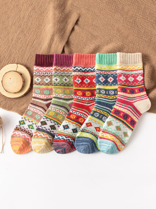 5 paires de chaussettes d'hiver à imprimé rétro pour femmes