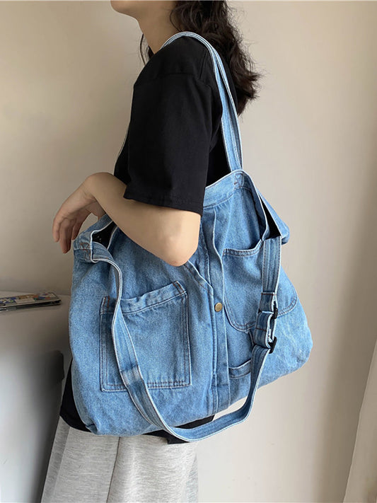 Women Vintage Solid Denim Shoulder Bag Crossbody Bag