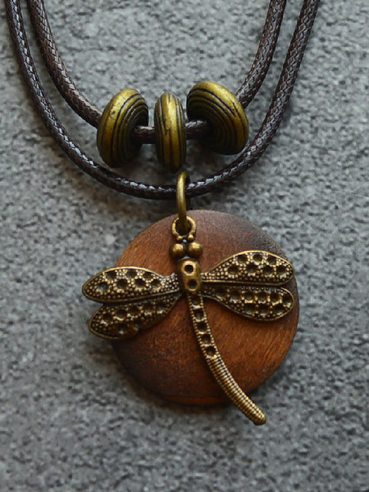 Women Ethnic Alloy Dragonfly Wooden Pandent Necklace