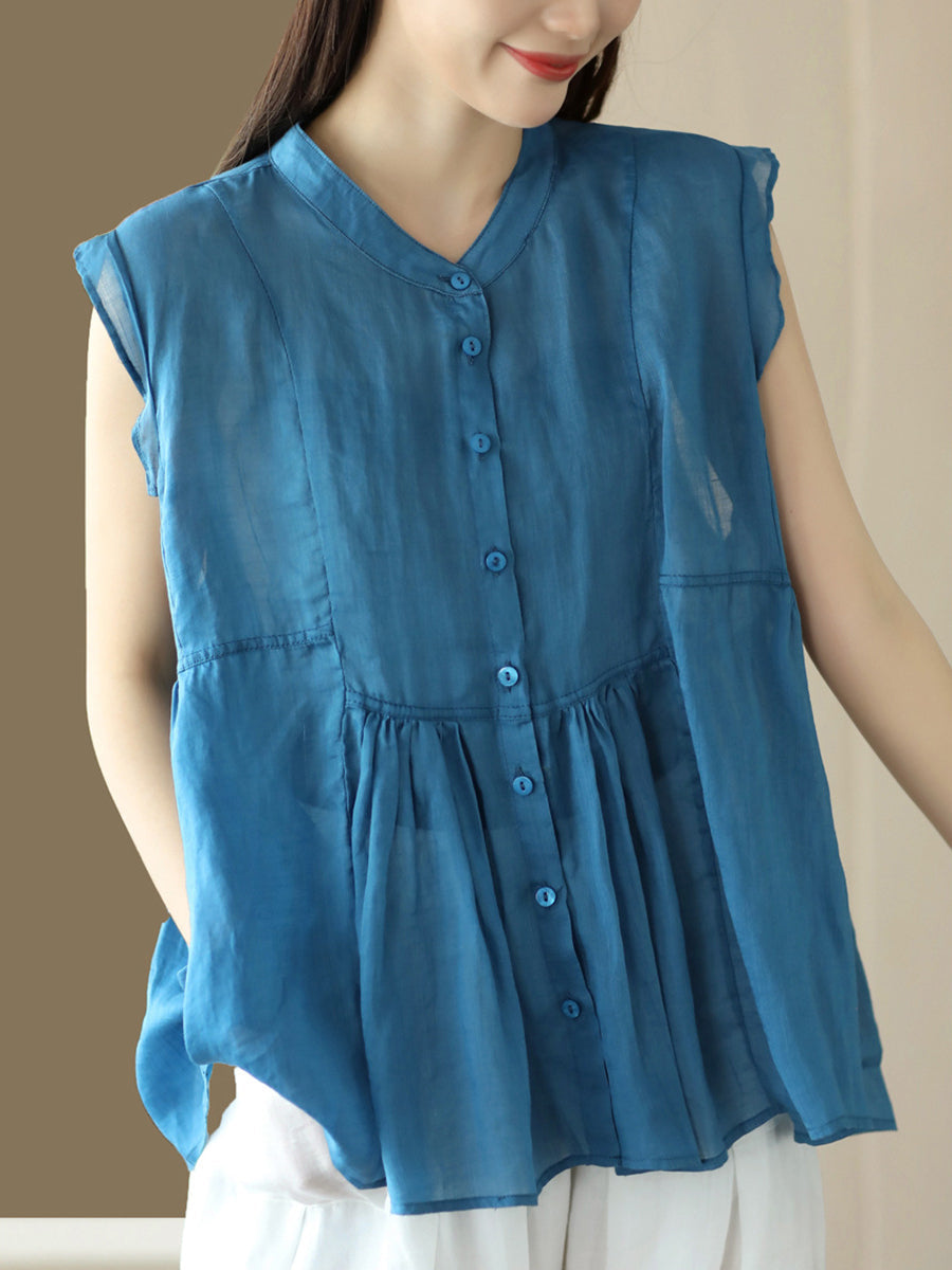Women Vintage Summer Solid Sleeveless Drawstring Ramie Shirt