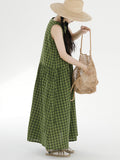 Women Summer Vintage Plaid Drawstring Pocket Loose Vest Dress