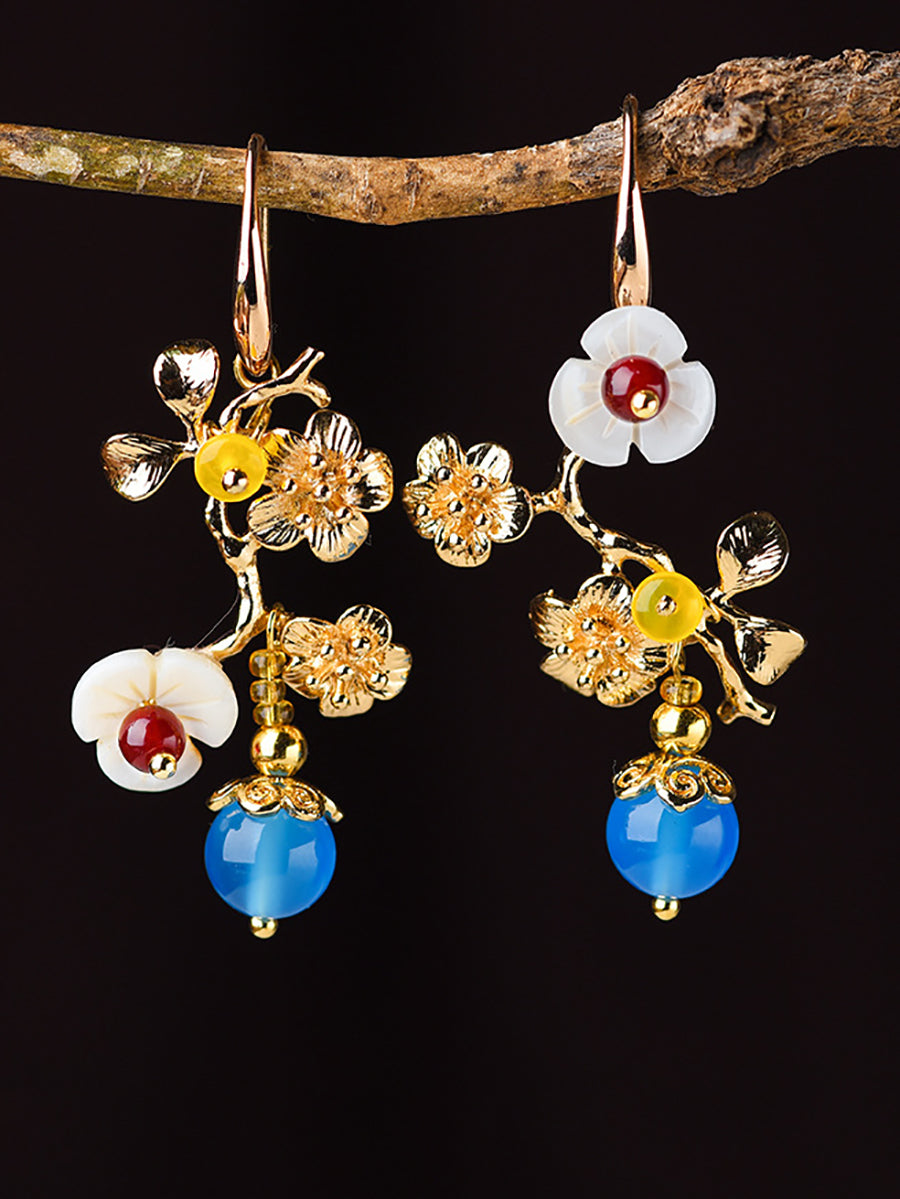 Vintage Blue Agate Shell Flower Gilding Flower Earrings