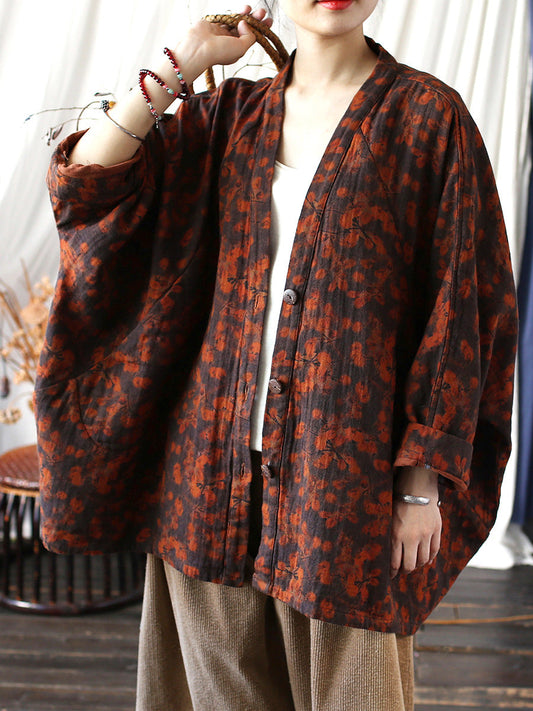 Women Vintage Floral Loose Batwing Sleece Jacket