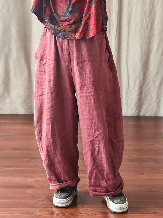 Pantalon en lin décontracté pour femmes, couleur unie, ample, taille élastique, printemps