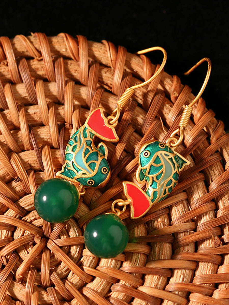 Women Ethnic Green Agate Cloisonne Fish Copper Earrings