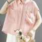 Women Summer Casual Solid Color Pocket Cardigan Ramie Shirt