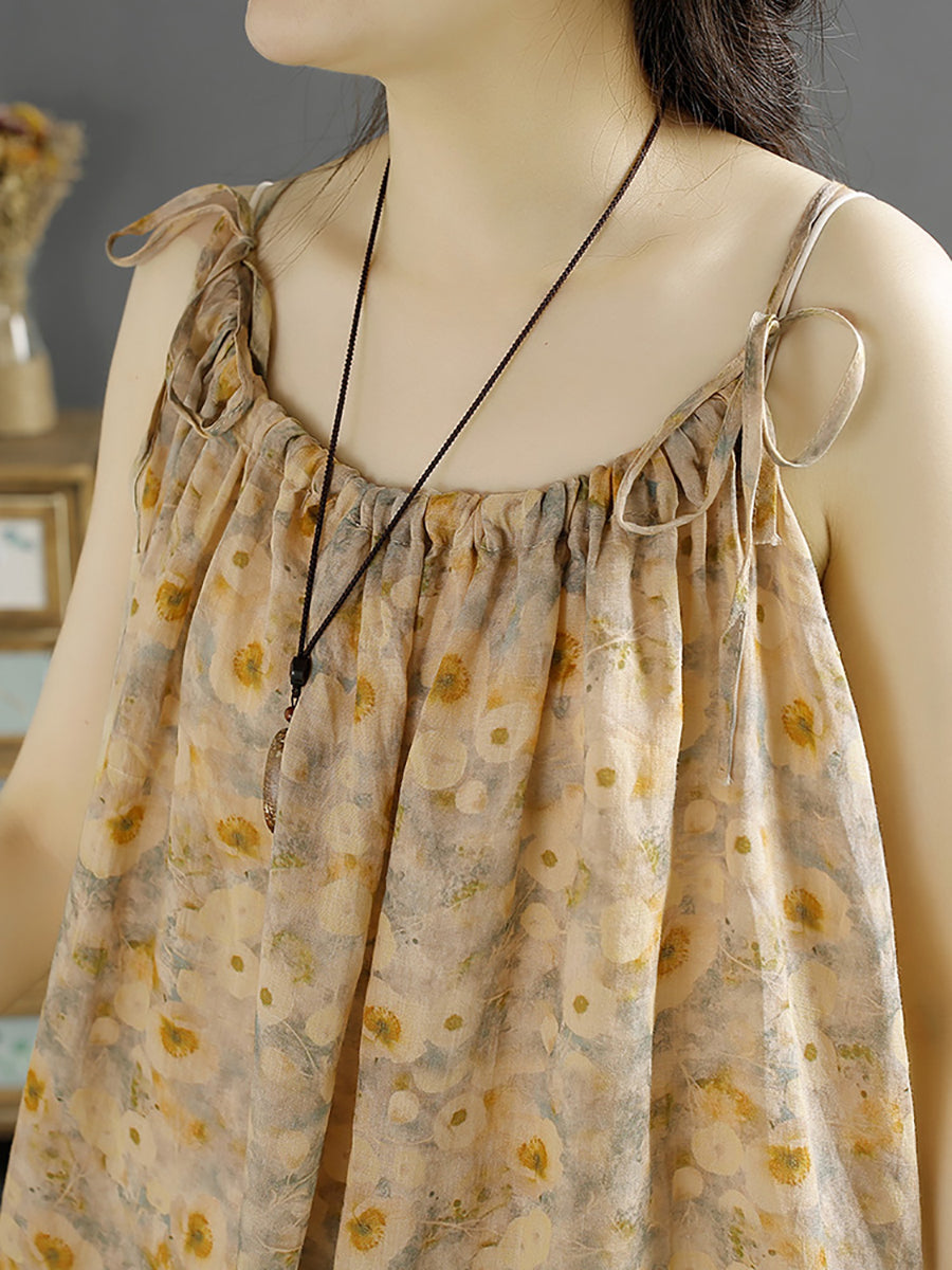 Women Summer Artsy Floral Drawstring Strap Ramie Vest Dress