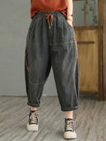 Women Retro Flower Embroidery Harem Jeans