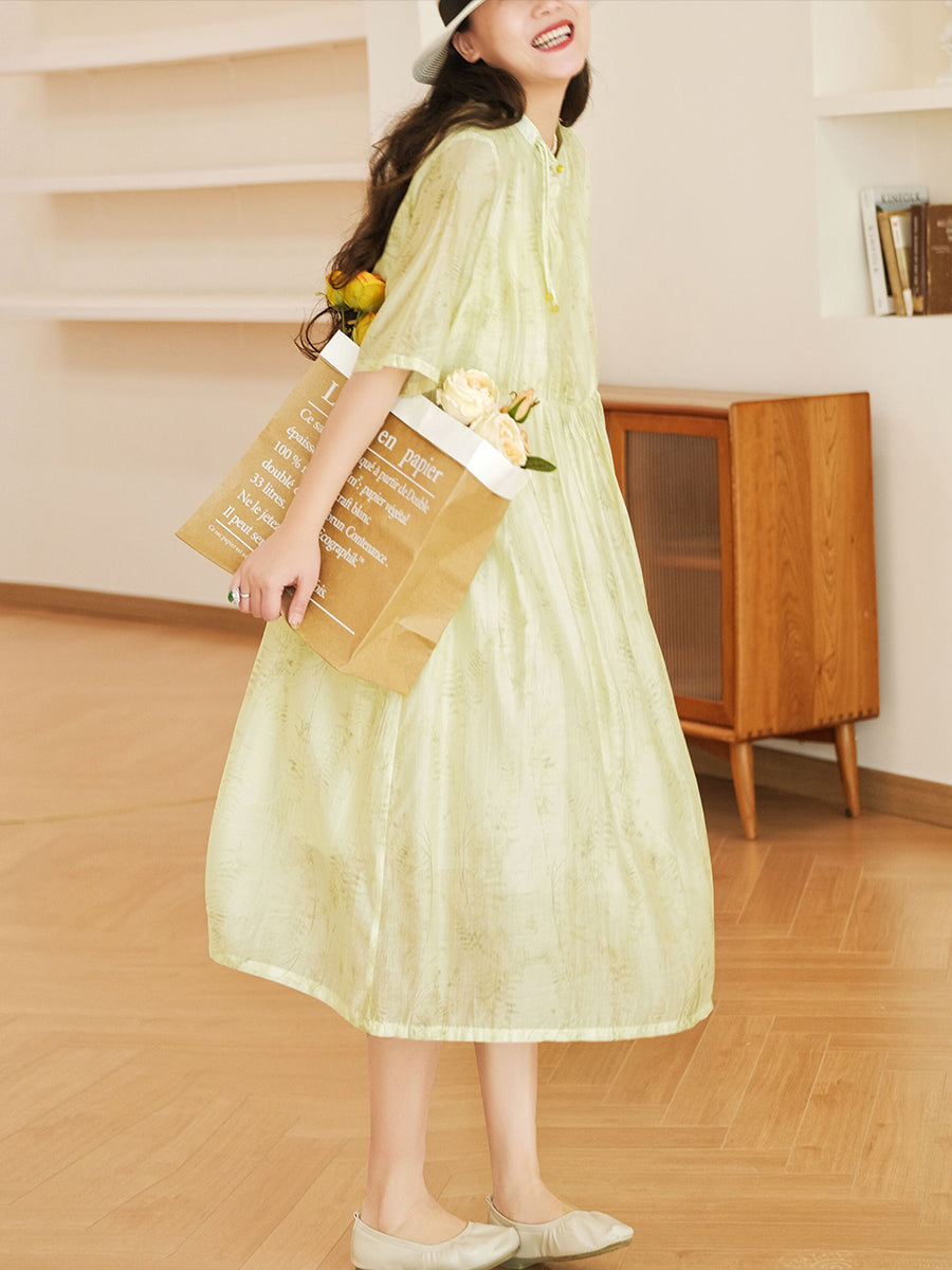 Women Vintage Summer Leaf Pleat Botton Loose Dress
