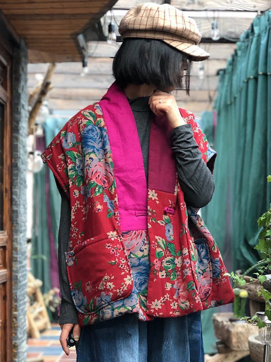 Manteau gilet à col en v épissé à fleurs vintage pour femmes
