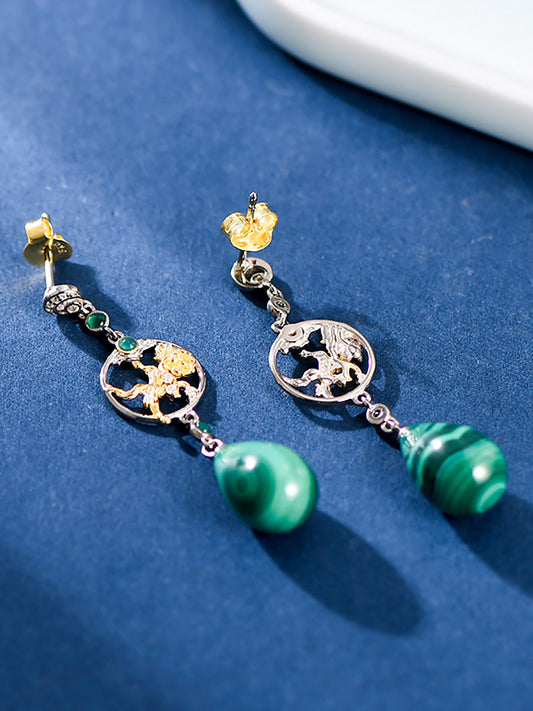 Women Vintage Green Malachite Sliver Flower Earrings