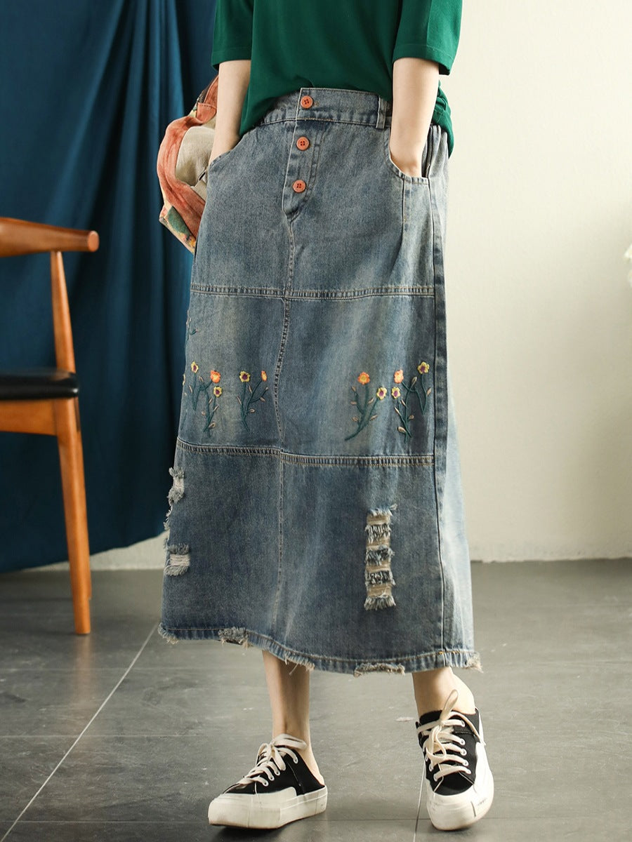 Women Retro Flower Embroidery Spliced Worn Skirt