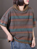 Women Summer Casual Stripe Loose Hooded Cotton Shirt