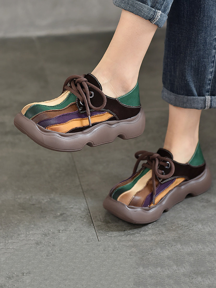 Women Vintage Colorblock Leather Platform Shoes