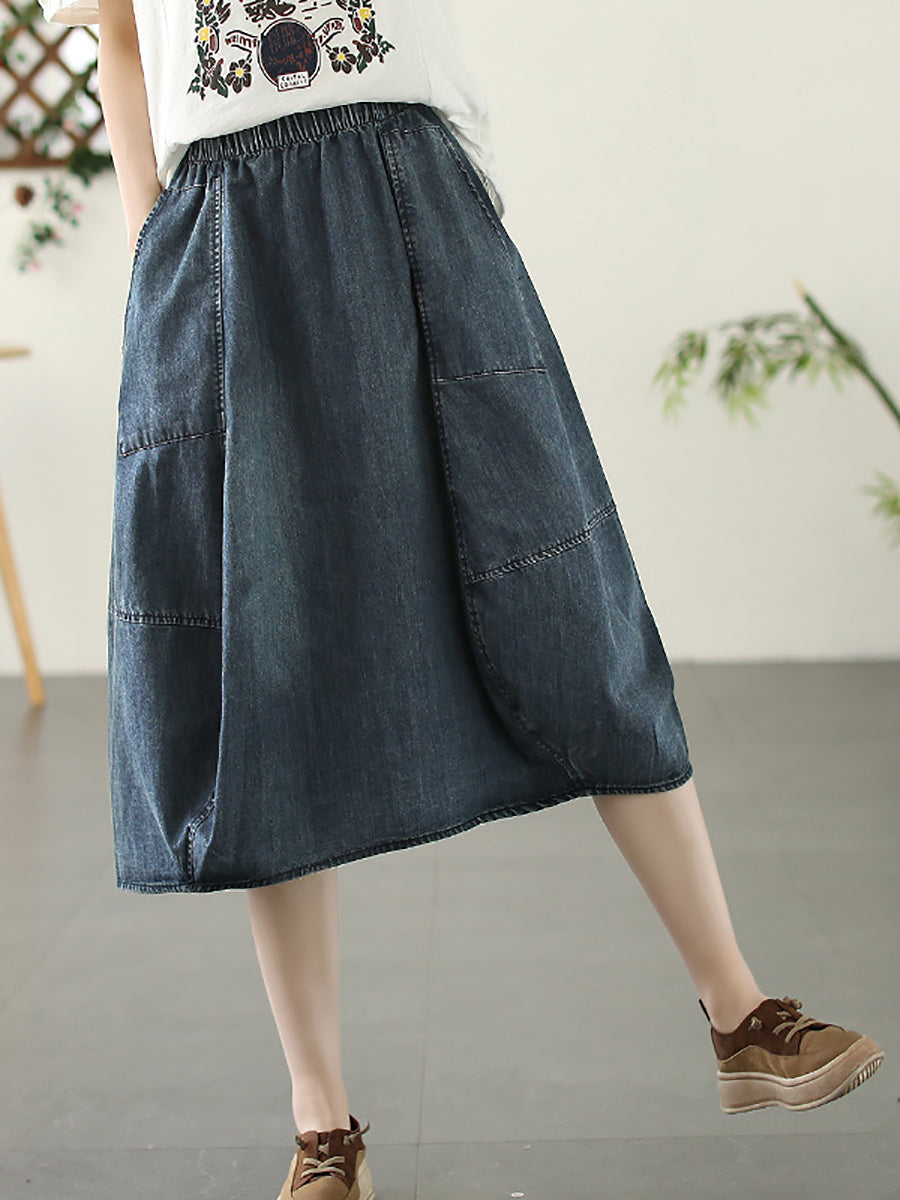 Women Retro Stitching Summer Pocket Denim Skirt