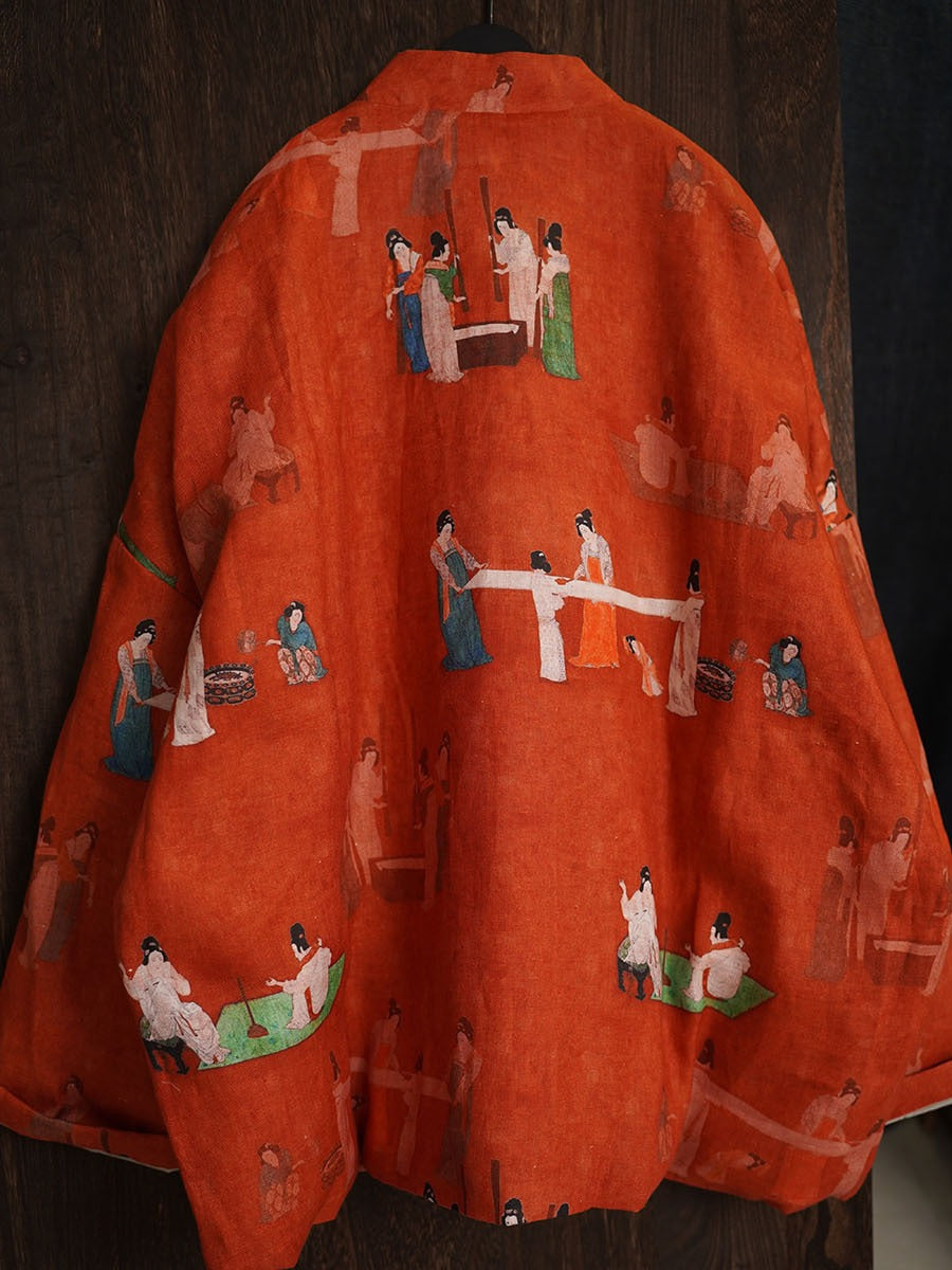 Women Ethnic Print Winter Linen Padded Coat