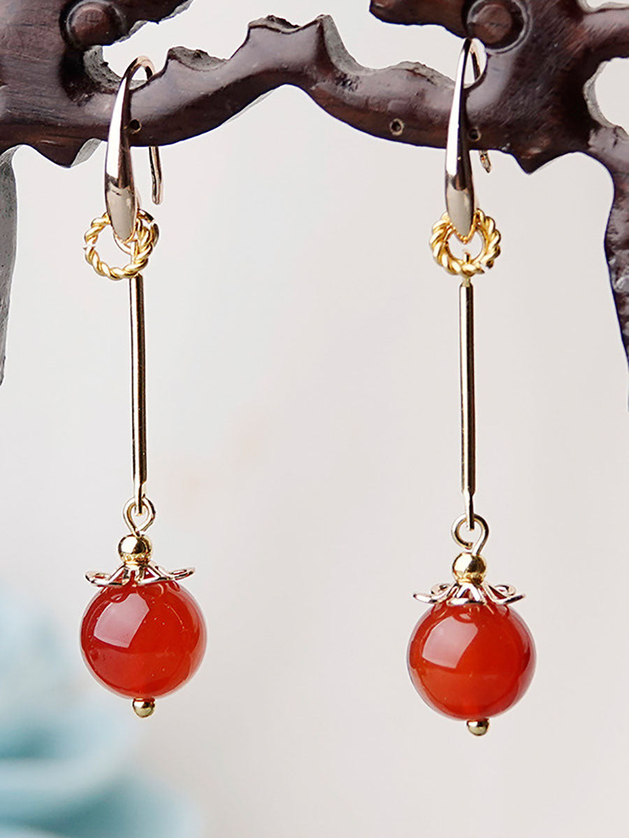 2 boucles d'oreilles pendantes en agate rouge en alliage vintage