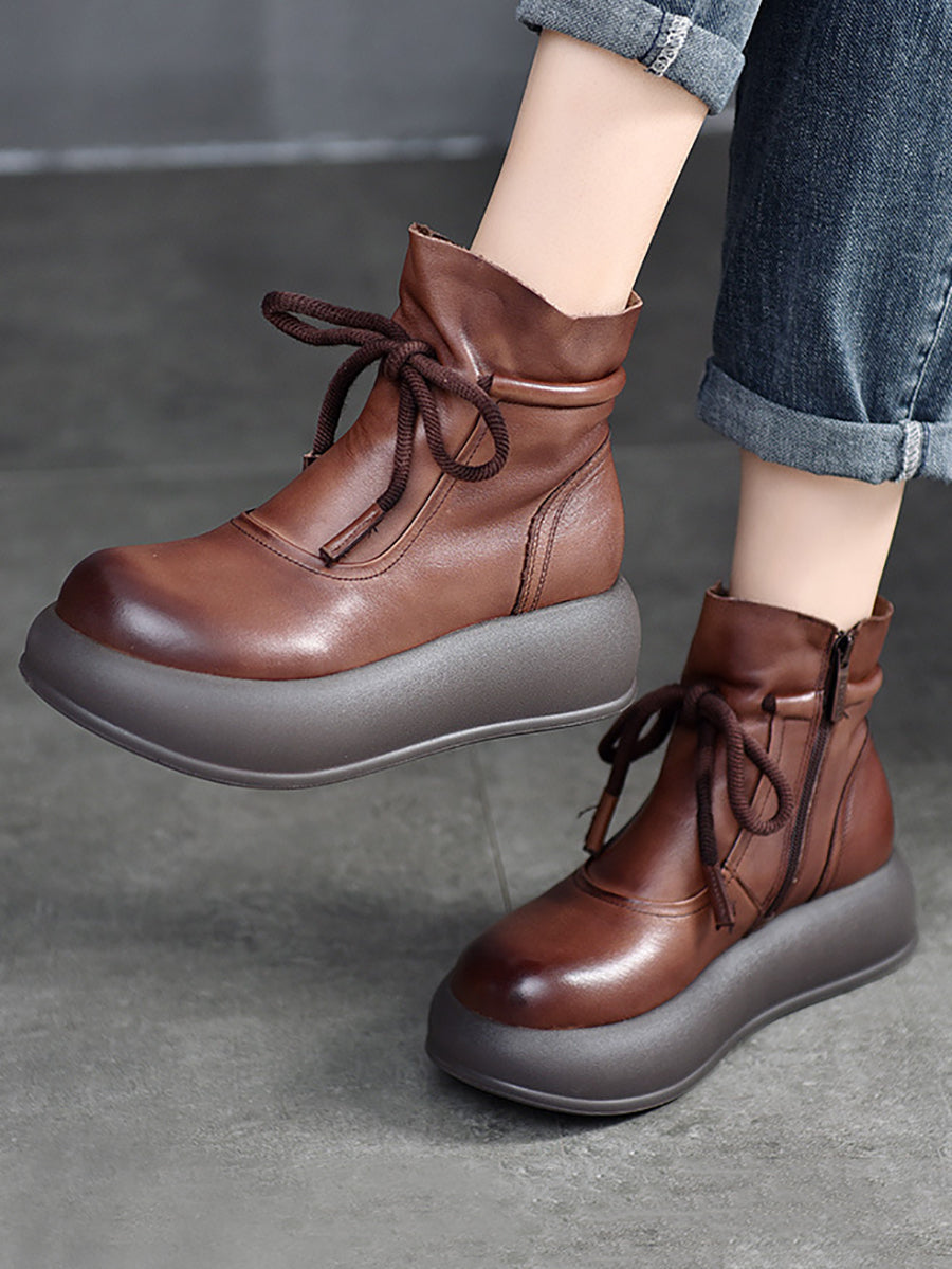 Women Autumn Vintage Drawstring Leather Platform Boots