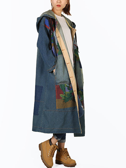Women Vintage Flower Patch Spliced Deim Hooded Coat