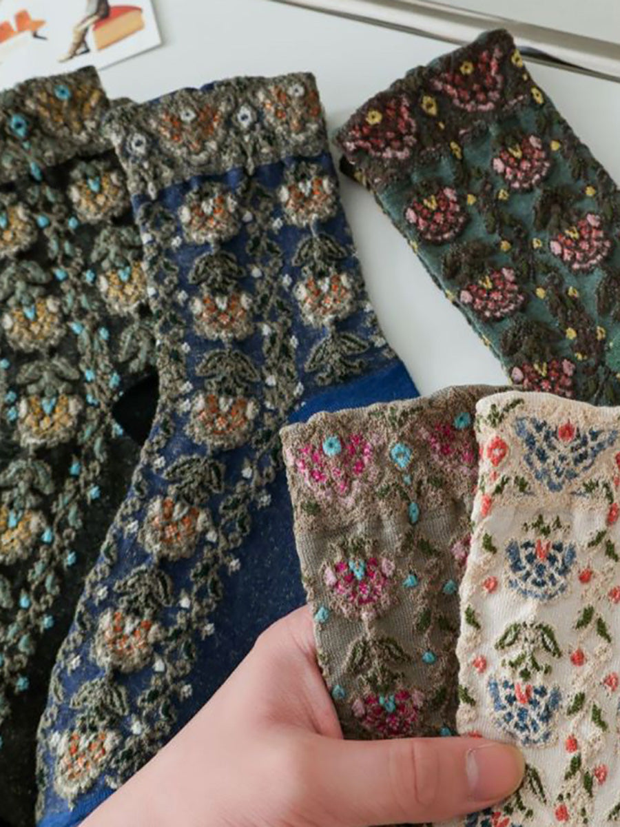 5 Pairs Women Artsy Vintage Floral Jacquard Socks